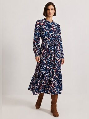 J. McLaughlin Long Sleeve Maxi Dress Patterned Belt Size Small 976